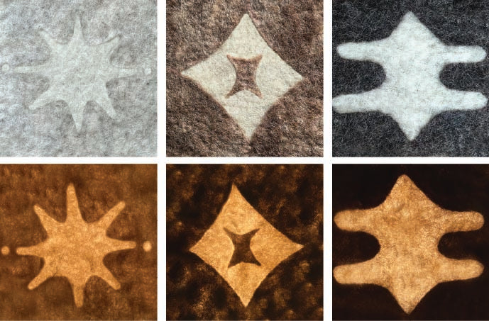 From left to right: Beige on white, brown on white, dark brown on white